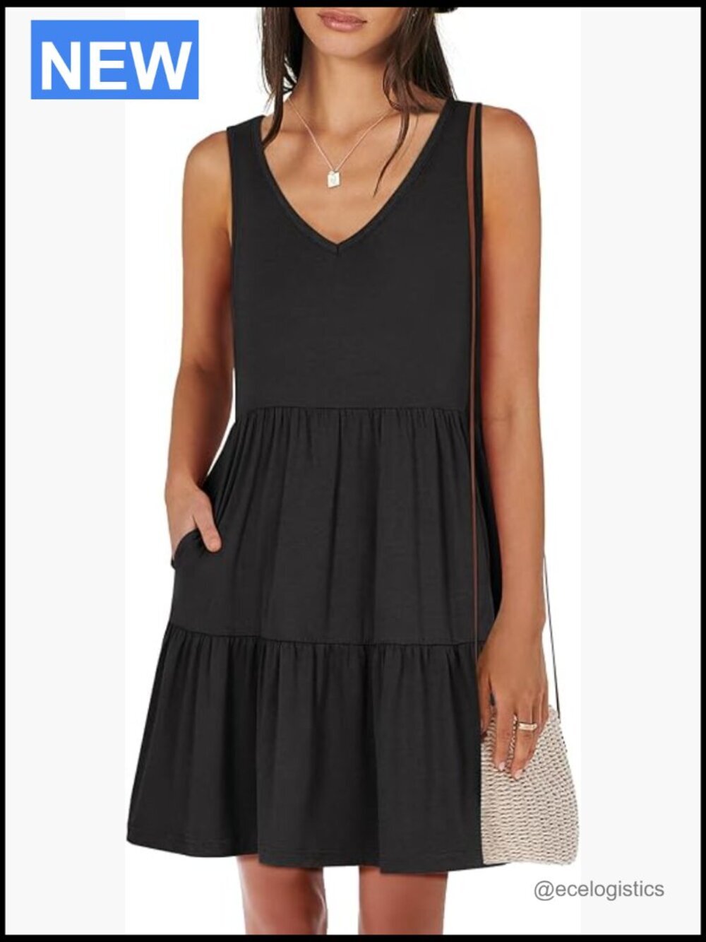 Sleeveless V-Neck Tiered Mini Dress with Pockets Beach Vacation